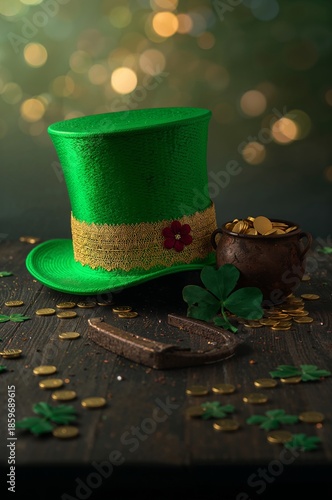 Festive Green Hat, Pot of Gold, and Lucky Clover on a Wooden Table With a Glo...