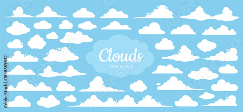 A large set of vector cloud icons in white on a blue background. Elements for your design. Vector EPS 10.