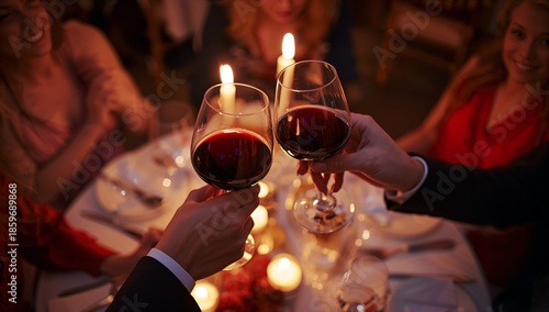 Friends Enjoy a Dinner Celebration With Toast and Wine at a Cozy Restaurant S...
