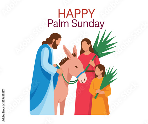 Jesus side a donkey with a woman and child holding happy palm sunday branches christianity.