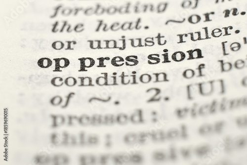 Oppression definition in vintage dictionary, macro close-up