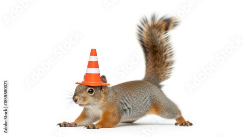 Squirrel Wearing a Traffic Cone as a Helmet