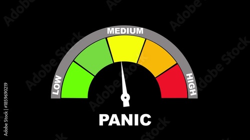 Panic meter showing medium level with red yellow and green zones fear anxiety. 4K motion animation on a black  background alpha channel. HD video motion graphic animation.