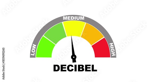 Decibel meter showing medium level with red yellow and green zones fear anxiety. 4K motion animation on a white background alpha channel. HD video motion graphic animation.
