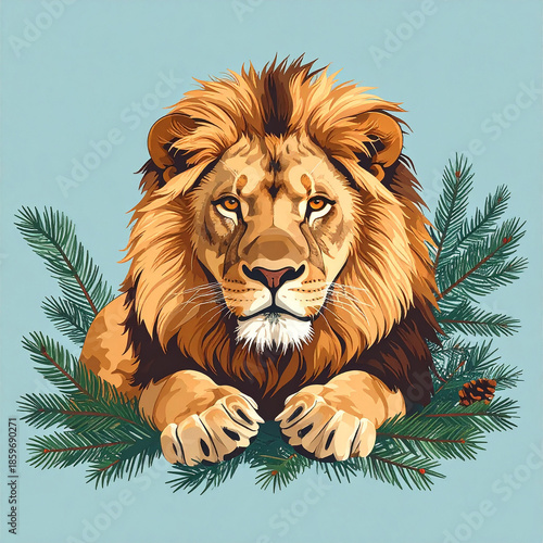a lion lies on a bed of spruce branches