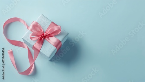 Gift Box With Pink Ribbon on Light Blue Background