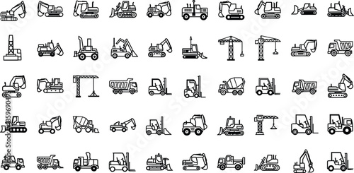 Construction machinery icon set featuring excavators, bulldozers, cranes, dump trucks and heavy equipment line vector illustrations for industrial design projects
