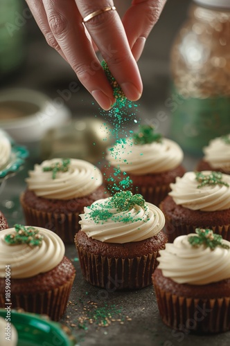 Cupcake Decorating in a Kitchen With Green Sprinkles for a Festive Occasion