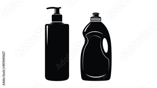 Simple illustration of two black cleaning product bottles hand soap and dish soap