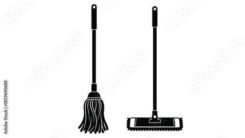 Simple illustration of a mop and a broom standing side by side