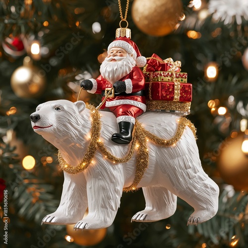 Santa Riding a Polar Bear With Gifts on a Christmas Tree