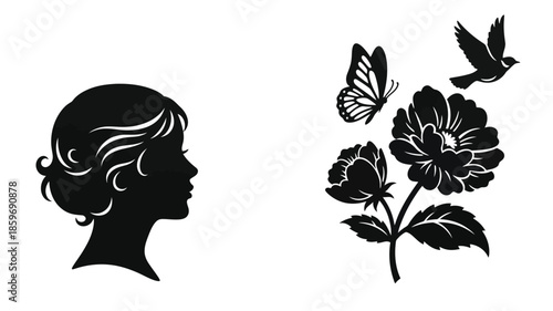 Silhouette of a woman s face with a bird butterfly and floral elements