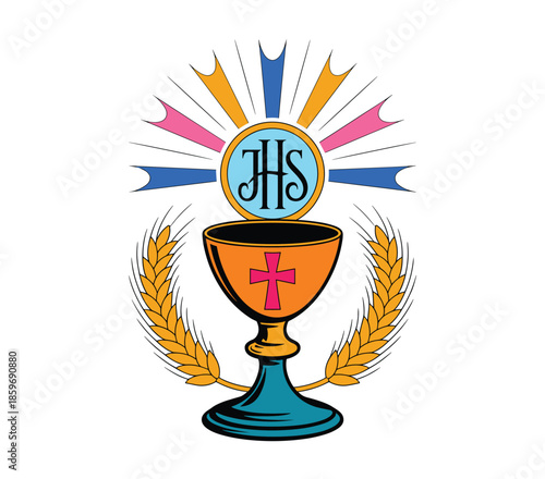 Religious chalice with J H S symbol wheat stalks and radiating light rays religion christianity.