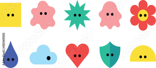 Set of ten simple flat vector character icons featuring a yellow square pink blob green star red flower blue drop and red heart with cute eyes.