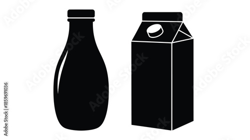 Silhouettes of a glass bottle and a gable top carton black and white