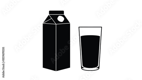 A carton of milk and a glass filled with dark liquid beverage
