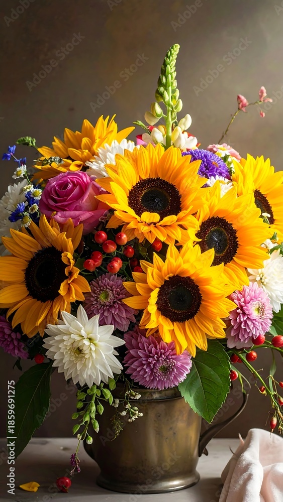 Naklejka premium Vibrant flower arrangement in a copper vase
