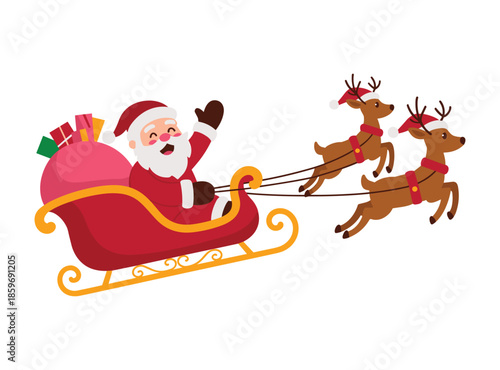 Santa Claus waving from a red sleigh pulled by two reindeer wearing Santa hats christmas.