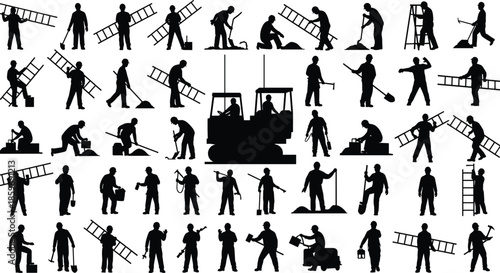Construction worker silhouettes showing diverse labor activities with tools, ladders and machinery in industrial workforce illustration design set