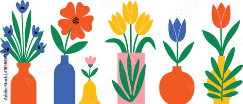 Vibrant vector set of colorful flowers in decorative vases featuring blue orange and yellow blooms with green leaves in a modern flat design style.