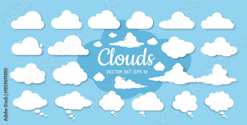 A set of white clouds of different shapes and sizes on a blue background. A set of clouds and cartoon-style speech bubbles. Elements for your design. Vector illustration.