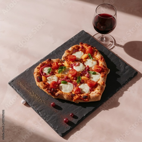 Heart Shaped Pizza With Colorful Toppings and a Glass of Wine on a Slate Board