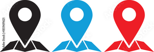 : Location pin map markers icon set in black, blue and red colors. vector