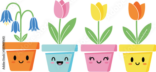 Set of four cute potted flower illustrations featuring blue bells pink tulip yellow tulip and orange tulip with happy kawaii faces in flat vector style