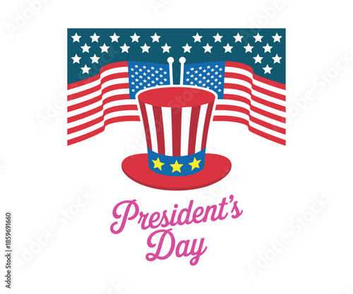 Uncle Sam hat and American flags for Presidents Day celebration.