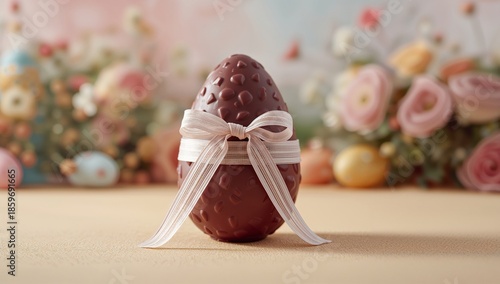 Chocolate Egg With Ribbon Stands in Front of Flowers During Spring Celebration