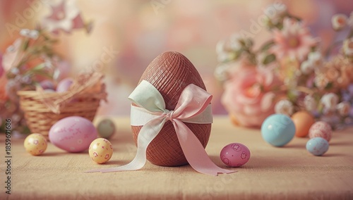 Colorful Chocolate Egg Adorned With Ribbon Among Smaller Eggs and Flowers Dur...