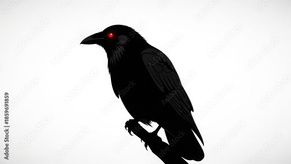 Fototapeta premium A black bird with red eyes perched on a branch viewed from the side against a white background