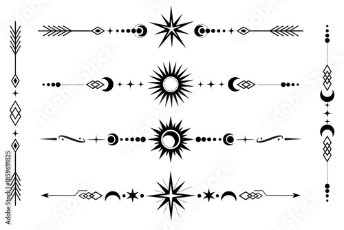 Celestial border with magic stars and moon. Line ornament with mystic astrology symbols. Spiritual tarot vintage pattern with moon. Esoteric divider and separator. Vector