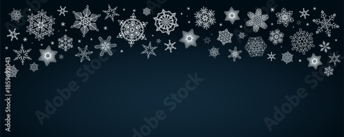 Snowflakes, white falling snow frame with copy space, border, background. Line drawing. Hand drawn vector illustration. Seasonal, winter design, blue backdrop, banner. Different shapes, ice crystals