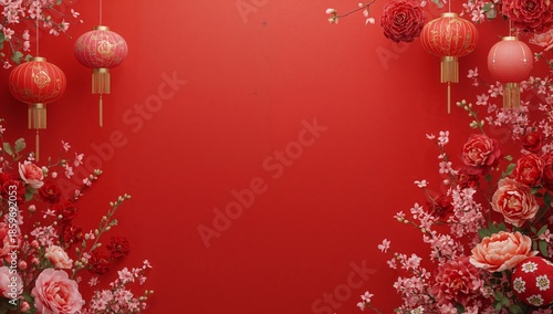 Red Background With Lanterns and Flowers for Celebration and Decoration in a ...
