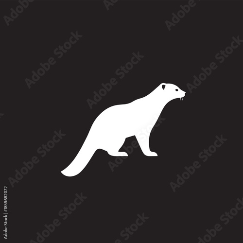 A minimalist vector illustration of a white stoat or weasel silhouette on a black background