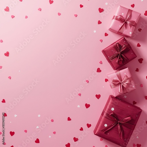 Gifts and Hearts Arranged on a Pink Background for a Celebration or Special Day
