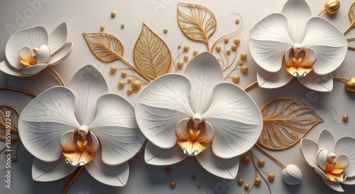 Beautiful white orchid flowers with golden leaves and buds