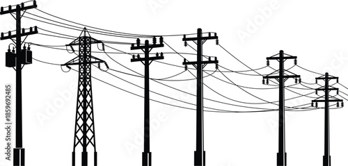 Electric power line silhouettes showing utility poles transmission towers and overhead cables infrastructure isolated on white background energy grid network