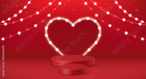 Background with realistic catwalk elements, heart and garlands with brilliant lighting effects. Background for Valentine's day. Vector EPS 10.