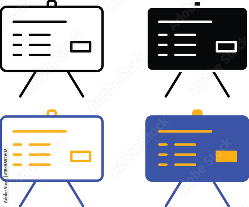 Business presentation whiteboard tripod screen icons for corporate training classroom education and data visualization in flat office supplies design style Vector Silhouette, Pictogram and Line Icon S