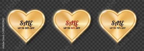 A set of three golden hearts with the words sale on a dark transparent background. Valentine's Day sale. Vector illustration.