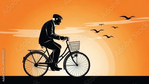 Man Riding Bicycle with Birds Flying Overhead at Sunset
