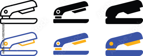 Office stapler machine icons for manual paper binding document fastening and professional stationery supplies in flat business desktop equipment style Vector Silhouette, Pictogram and Line Icon Set.ep
