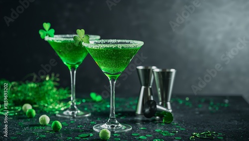 Green Drinks Sit on a Table With Decorations and Tools for Making Cocktails D...