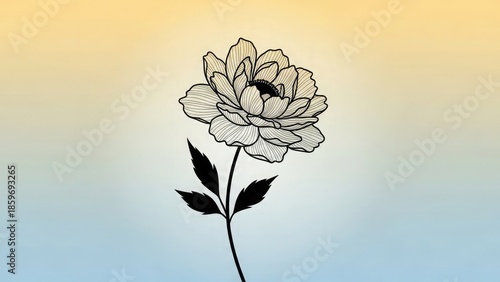 A black and white illustration of a flower with a bee on it against a pastel background