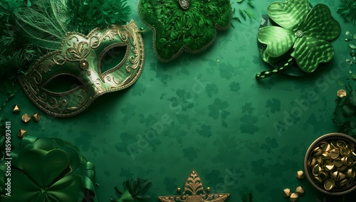 Green Decorations and a Mask for a Celebration in a Festive Setting During a ...
