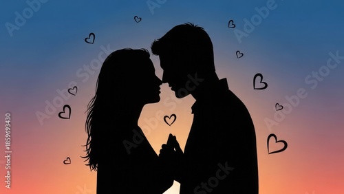 Couple Embracing Silhouetted Against a Vibrant Sunset with Hearts in the Background