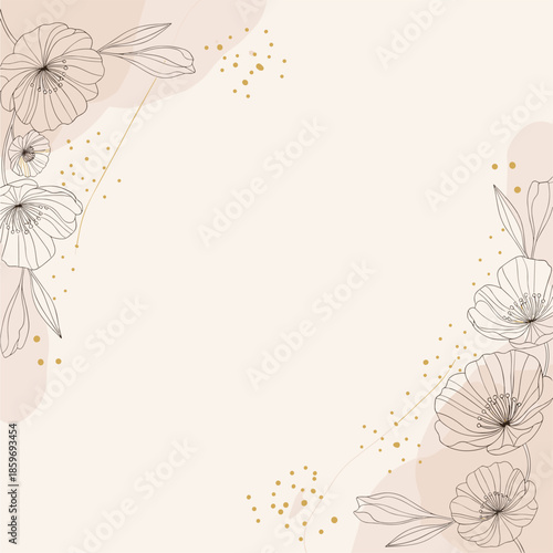 Minimalist poppy floral frame vector with golden glitter stippling and hand drawn line art on a peach background.