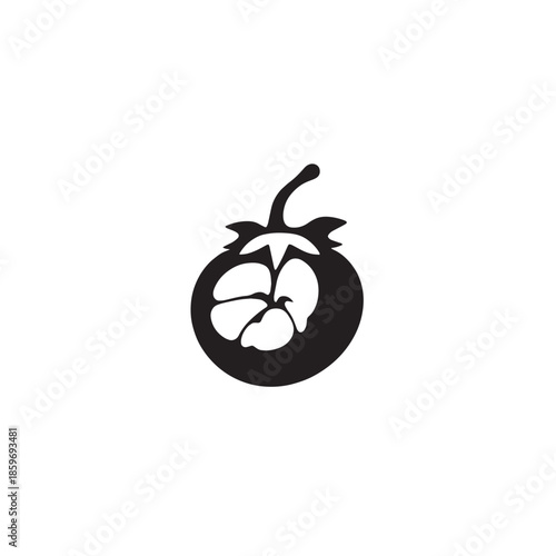 A bold black and white vector illustration featuring a stylized tomato fruit with a simple design